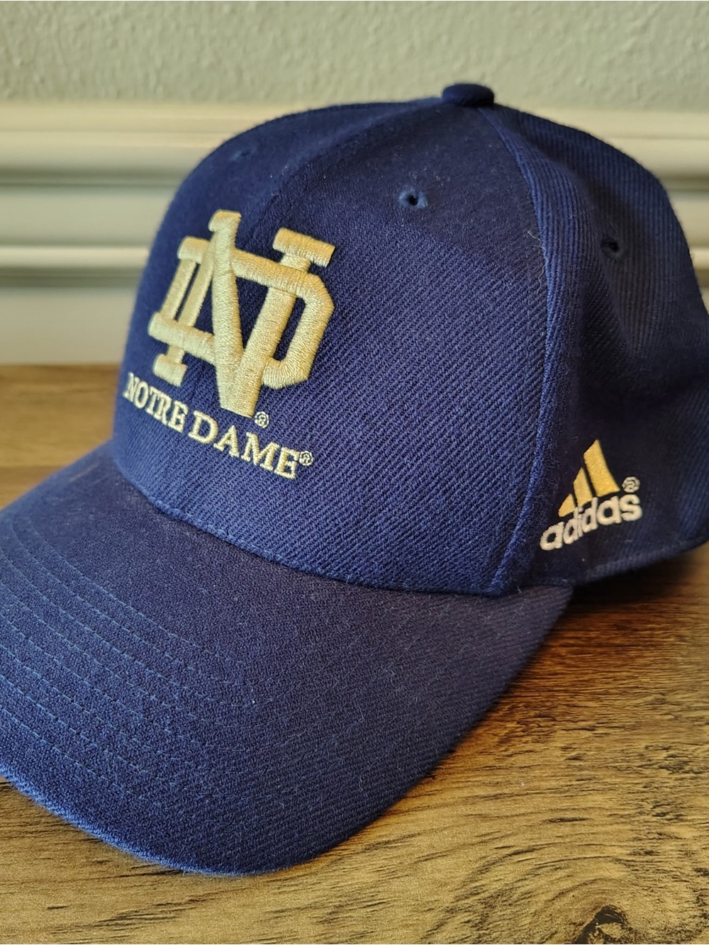 Vtg 90s Adidas Notre Dame Sample Hat 7 1/2 Fitted Wool Macau 3 Stripes On Side